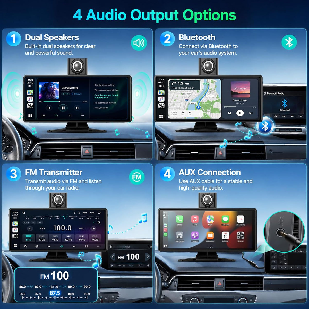 10.26" Wireless CarPlay Screen for Car, Apple CarPlay & Android Auto Screen, Portable Car Stereo with 4K Front Dash Cam & 1080P Backup Camera, Bluetooth, Voice Control, GPS Navigation, Mirror Link