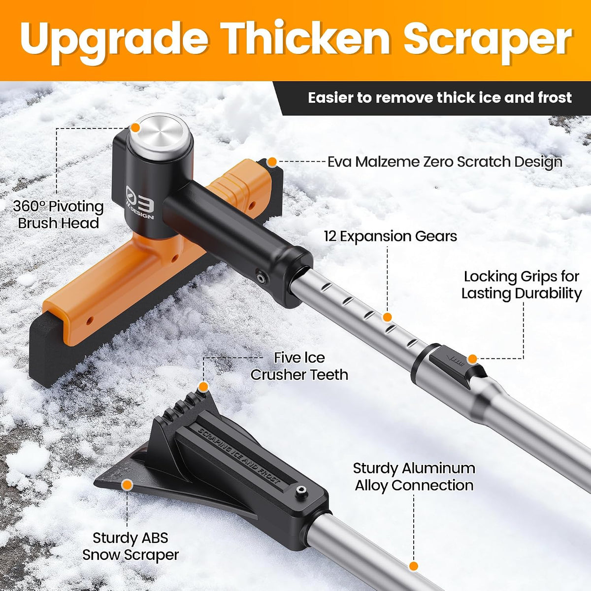 Ice Scrapers for Car Windshield & Snow Brush for Car, 3-in-1 Extendable Snow Brush 12 Adjustable Lengths with Detachable 360° Pivoting Head, Extendable Snow Brush for Truck SUV (24.4"-37.4")