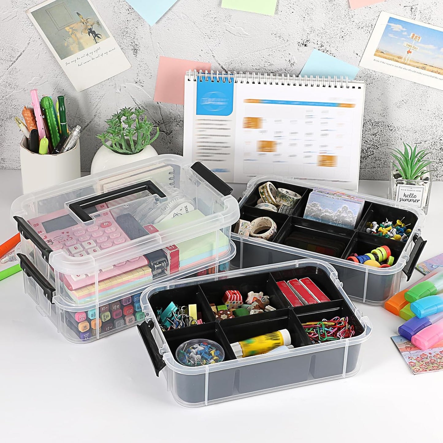 JUXYES 4-Tiers Plastic Stack Carry Storage Containers Box wih Handle Lids | Clear Stackable Latching Storage Bin With 2 Tray for School Office, Organizing Sewing, Art Craft, DIY Supplies, Black