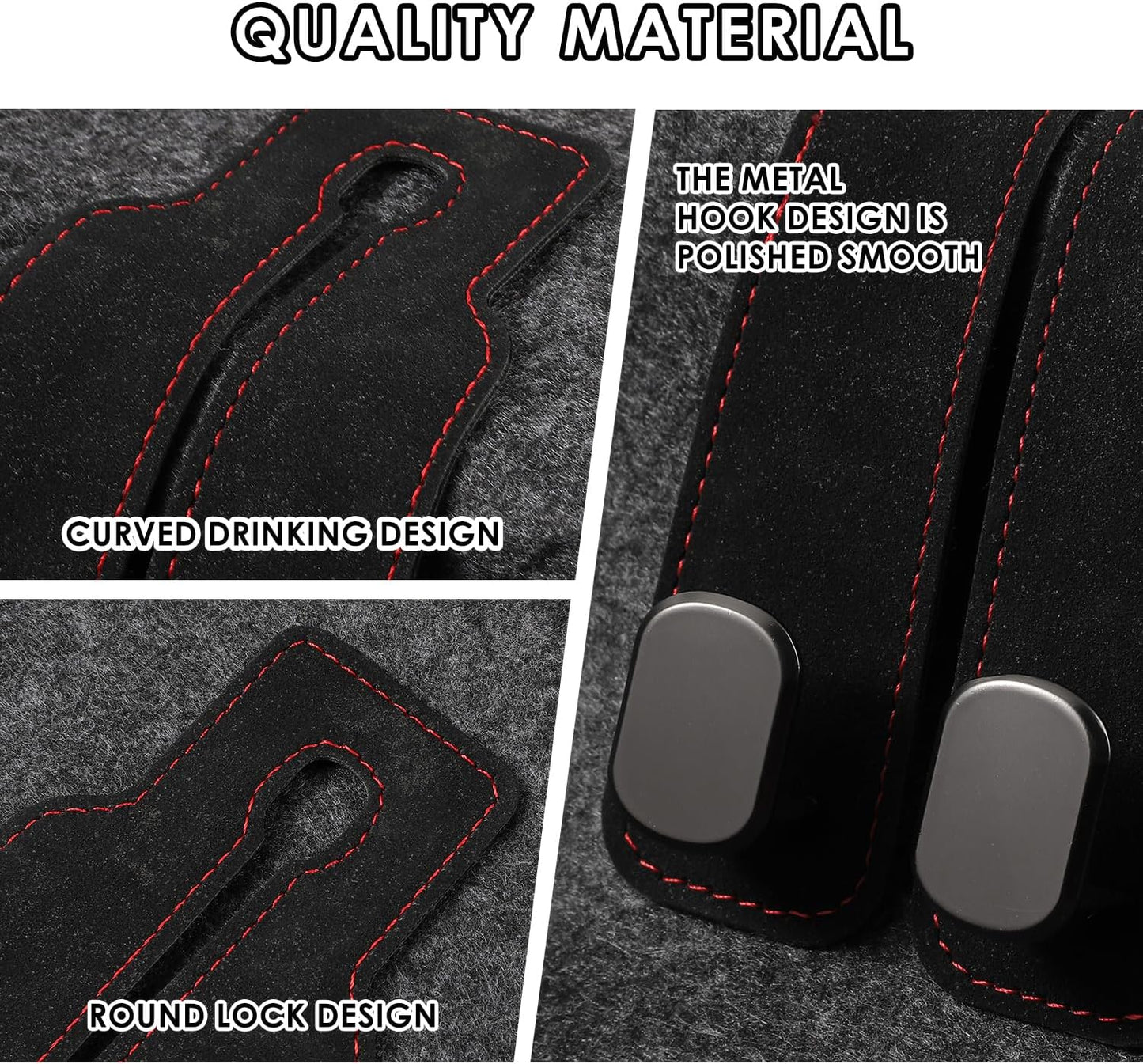 KINIVA Car Seat Headrest Storage Hooks, Set of 2, Suede PU Leather, Double Hooks (Black-4 Pack)