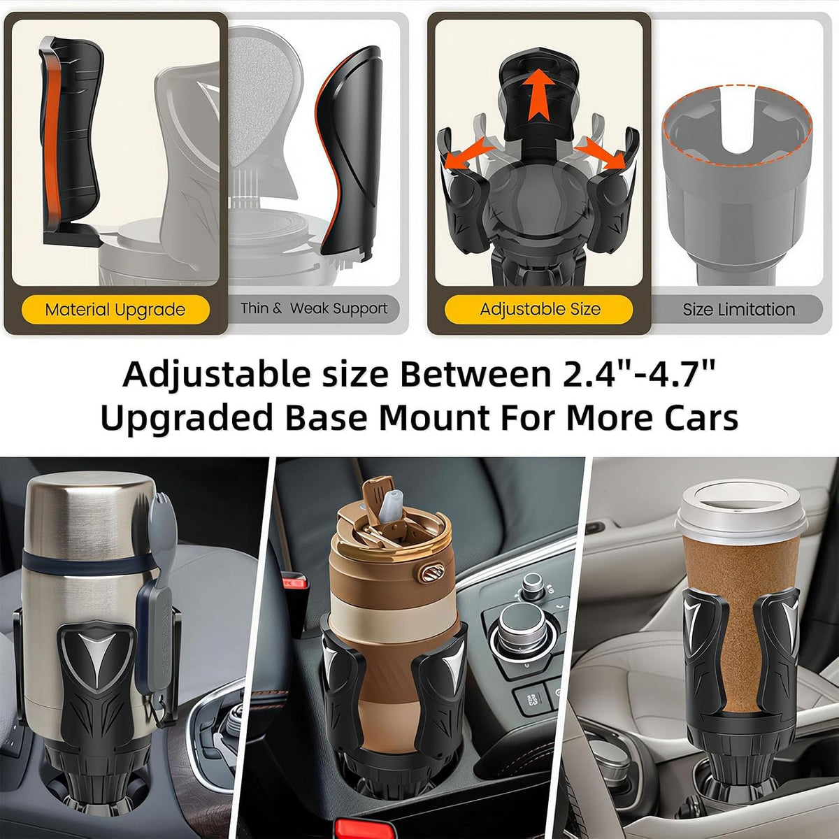 Car Cup Holder Expander,Cup Holder Extender Adapter with Adjustable Arm & Base,Compatible with 10-64oz Larges Bottles,Most Cars,Multiple Scenarios for Daily Commuting and Long-Distance Travel,Black