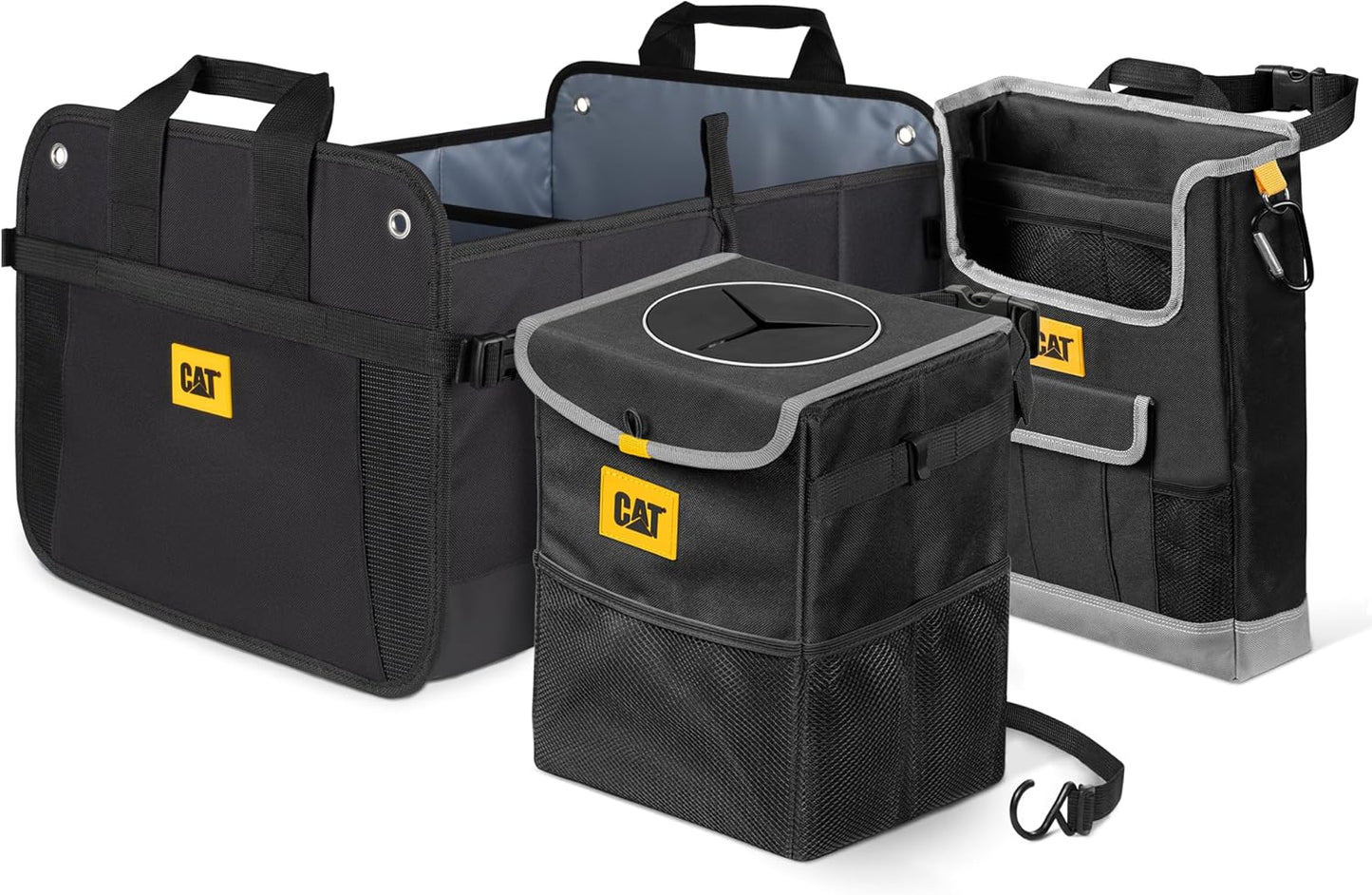CAT® 3-Piece Car Organizer Bundle – Collapsible Trunk Organizer, Portable Seat Caddy with Adjustable Straps & 2.4 Gallon Leak-Proof Trash Can Cooler for Cars, Trucks, and SUVs Black
