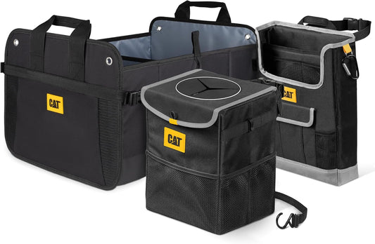 CAT® 3-Piece Car Organizer Bundle – Collapsible Trunk Organizer, Portable Seat Caddy with Adjustable Straps & 2.4 Gallon Leak-Proof Trash Can Cooler for Cars, Trucks, and SUVs Black