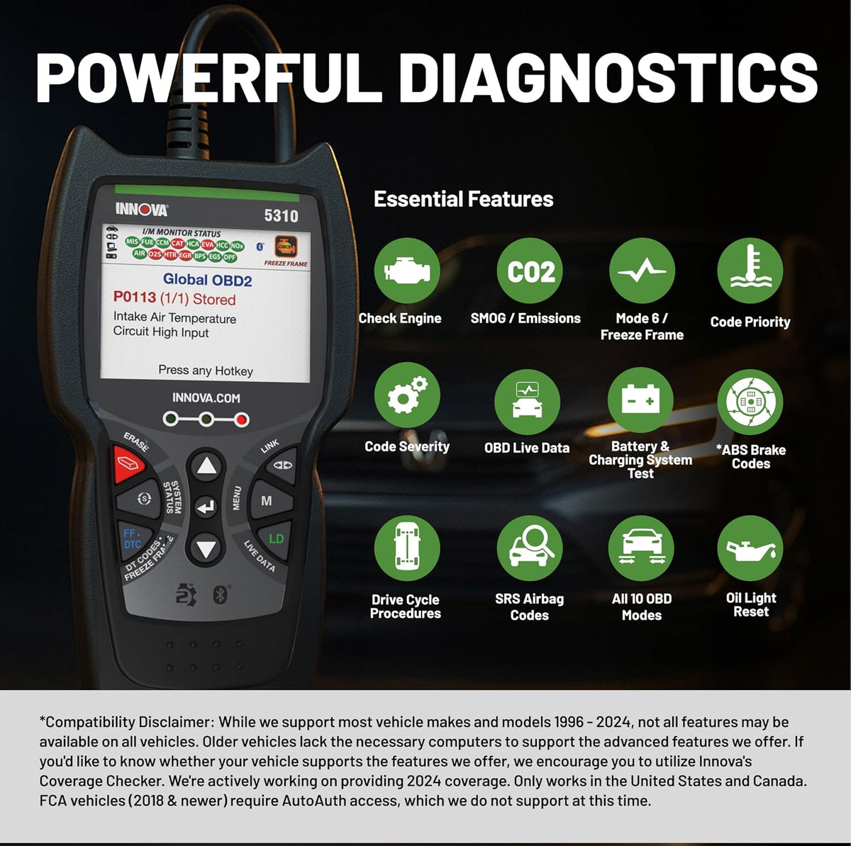 INNOVA 5310 OBD2 Scanner – ABS & SRS Code Reader, Check Engine Light Diagnostic Tool with Battery Test, Oil Reset, Live Data – Works with Most OBDII Vehicles 1996 & Newer