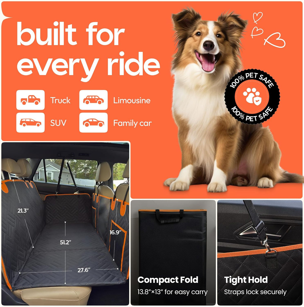 Dog Seat Cover for Back Seat Hard Bottom, XL Backseat Extender for Large Dogs (+420 lbs), Waterproof Dog Car Hammock with Door Protectors, Non-Slip Heavy-Duty Pet Seat Cover for Truck, SUV & Car