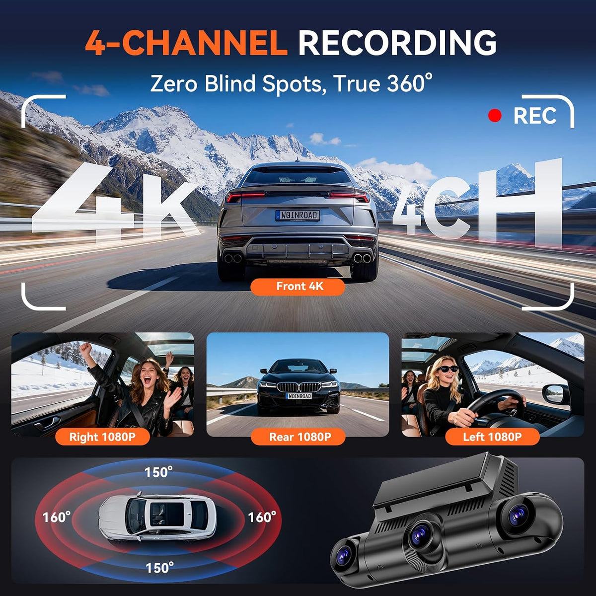 4K 360° Dash Cam, 4-Channel Dash Camera Front Rear Left Right with GPS
