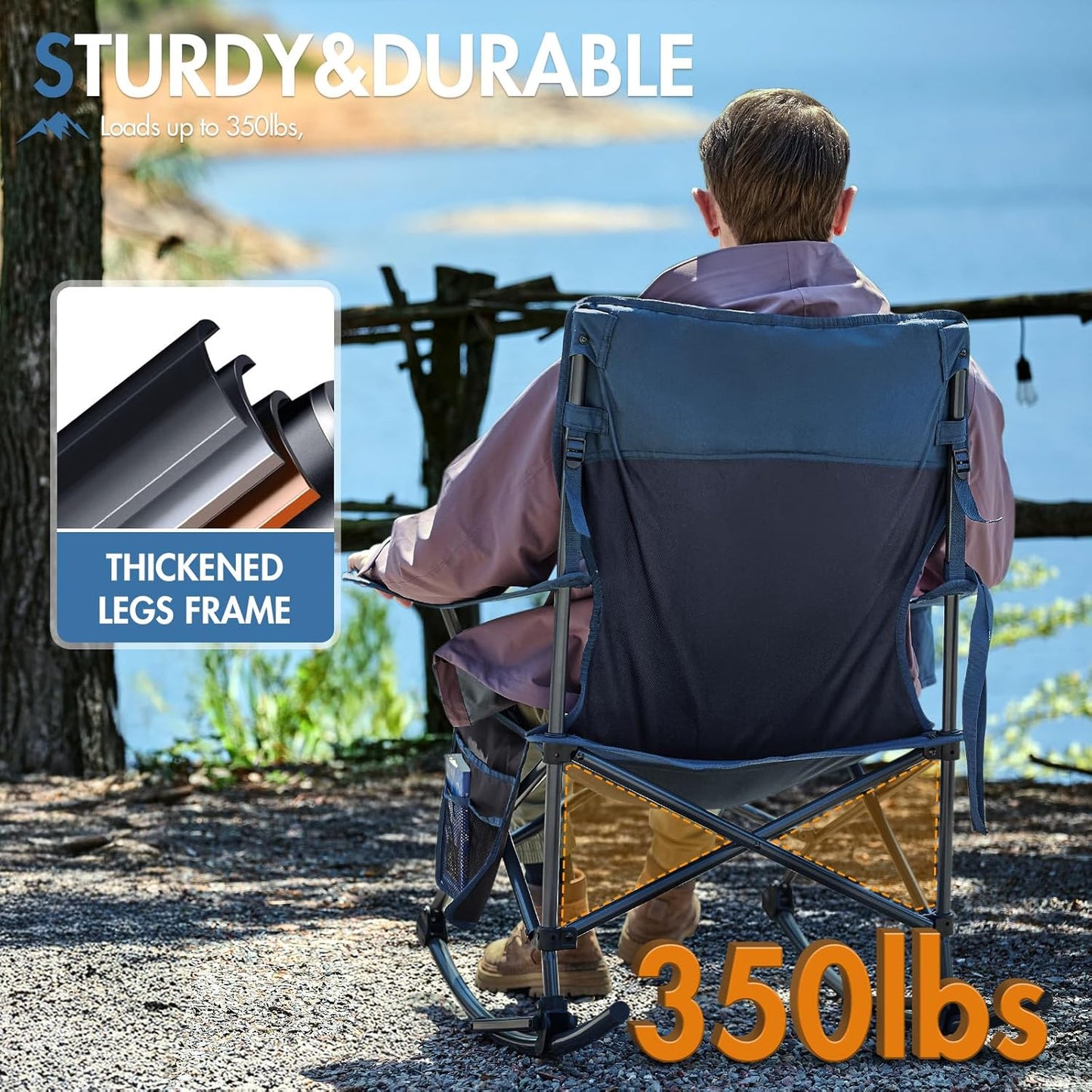 Portal Outdoor Rocking Chair Camping Folding Portable Rocker with Cup Holder Side Pocket Carry Bag, Support 350LBS (Midnight Blue)
