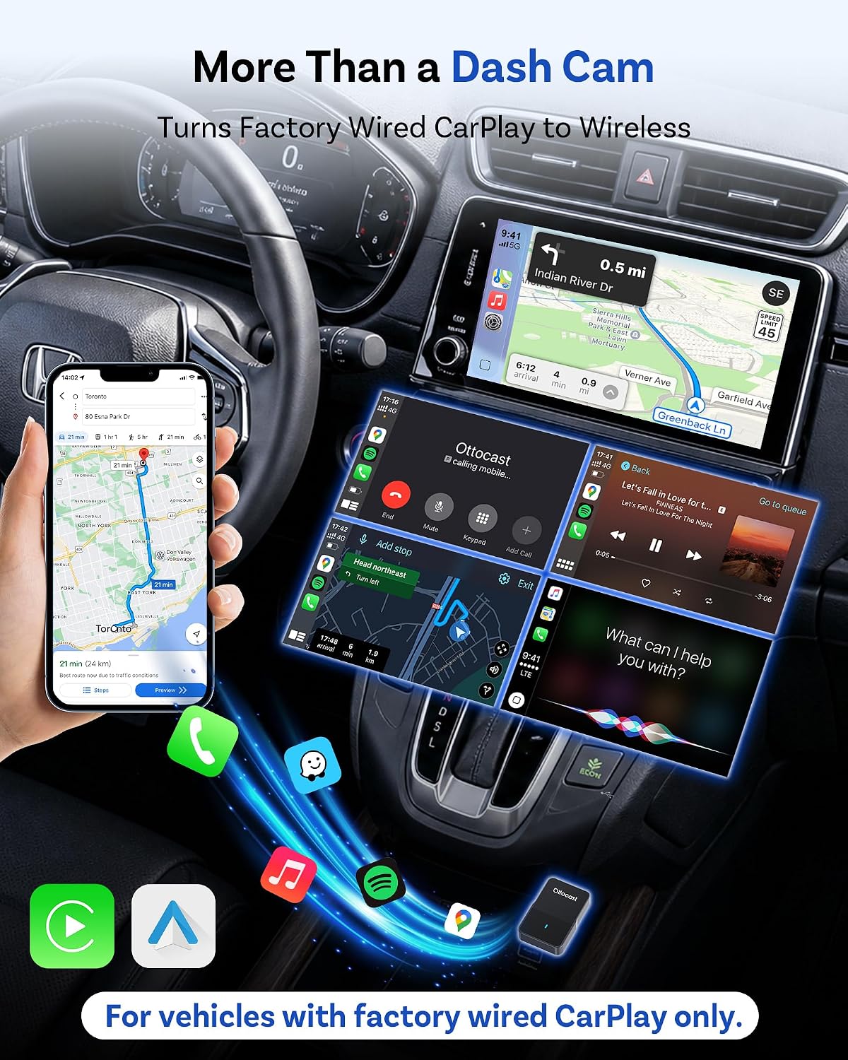 OTTOCAST Safe Cam Dash Cam Front and Rear with Wireless CarPlay Adapter