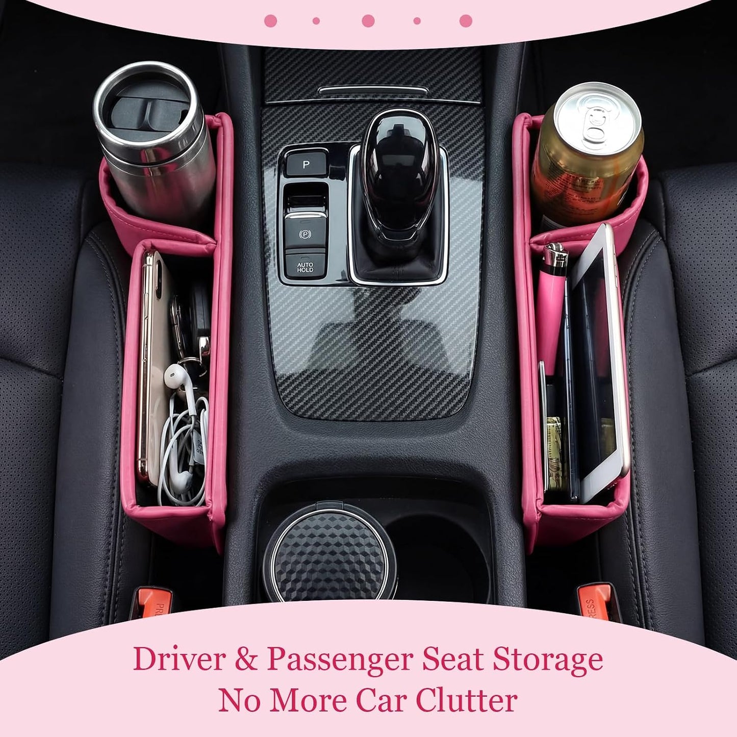 Aliceset 2 Pack Pink Car Seat Gap Filler Organizer with Cup Holder and Storage Leather Car Organizer for Keys Cards Phone Sunglasses and Small Items