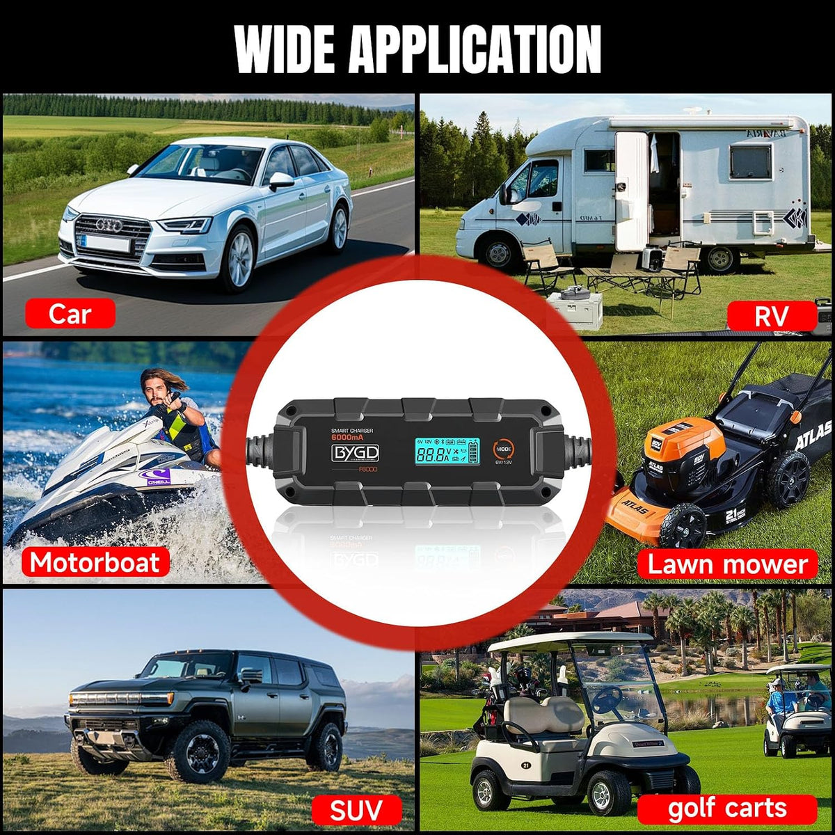 6A Car Battery Charger, 6V/12V Automative Trickle, Maintainer Battery Charger Desulfator with Temperature Compensation, LiFePO4 & Lead Acid Batteries for Motorcycle Lawn Mower Boat