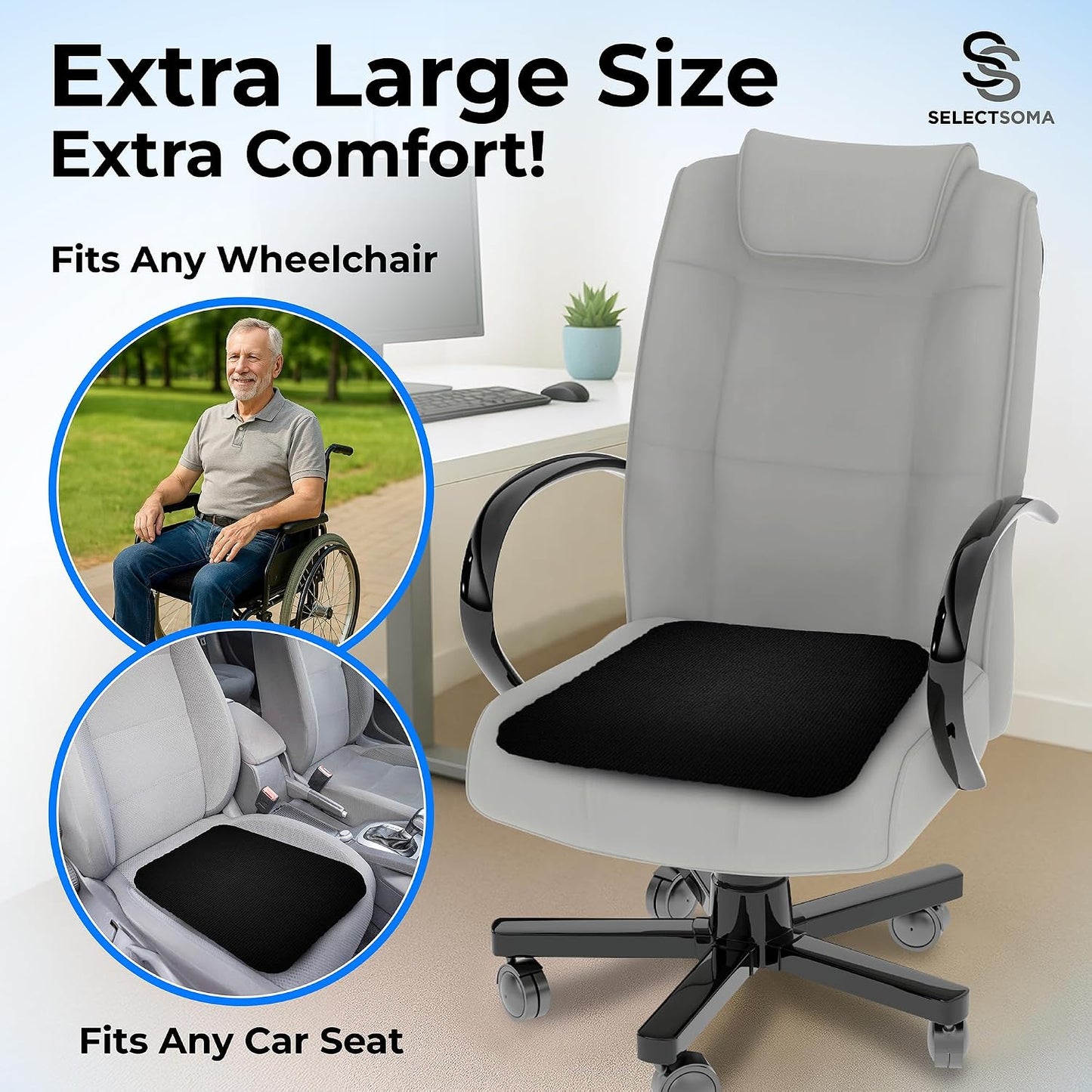 SelectSoma Super Large Gel Seat Cushion for Long Sitting - 18.5" x 17.5" - Breathable Cooling Design - Pressure Relief for Sciatica, Tailbone & Back - Office Chair, Wheelchair, Car & Truck Cushion