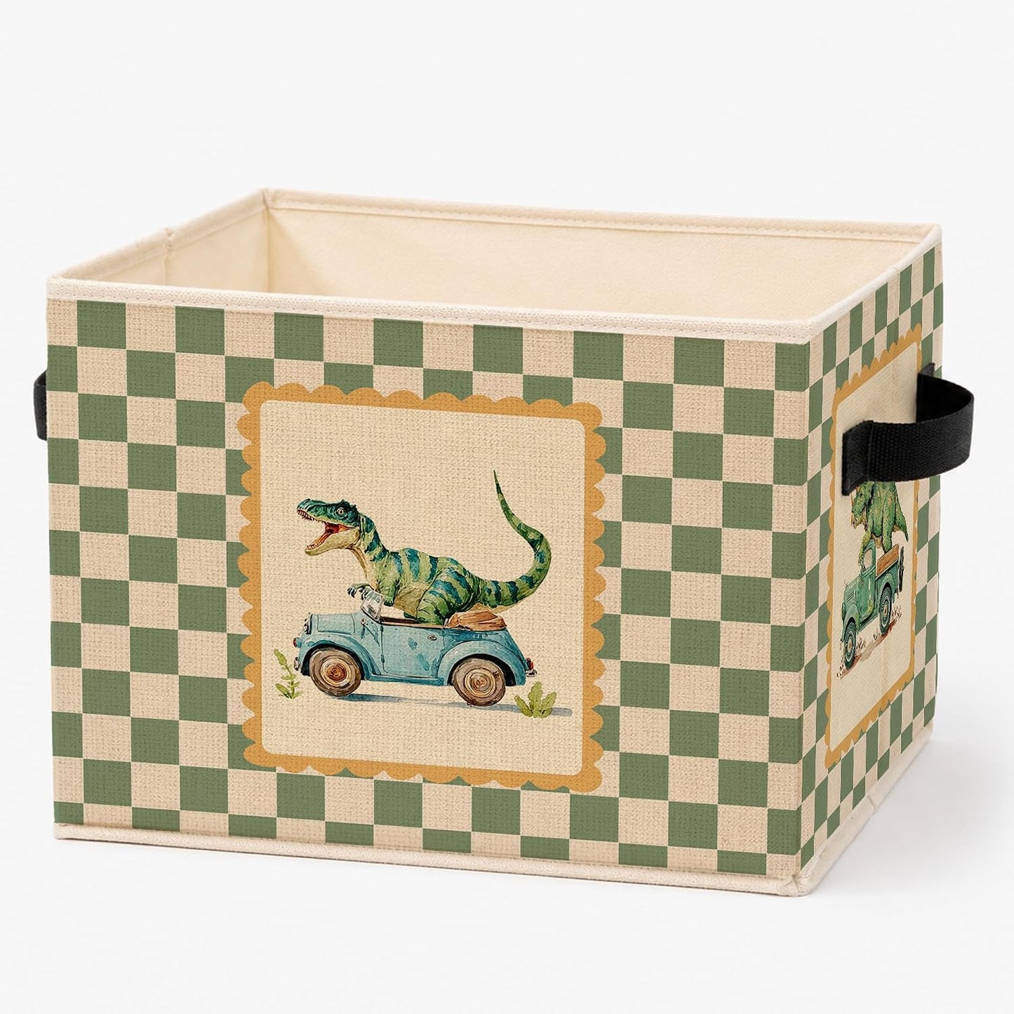 Green Checkered Dinosaur Truck Storage Bins Box, Funny Cute Dino Car Foldable Storage Basket with Handles for Playroom Bedroom Bathroom Home Toys Clothes Books Organizer