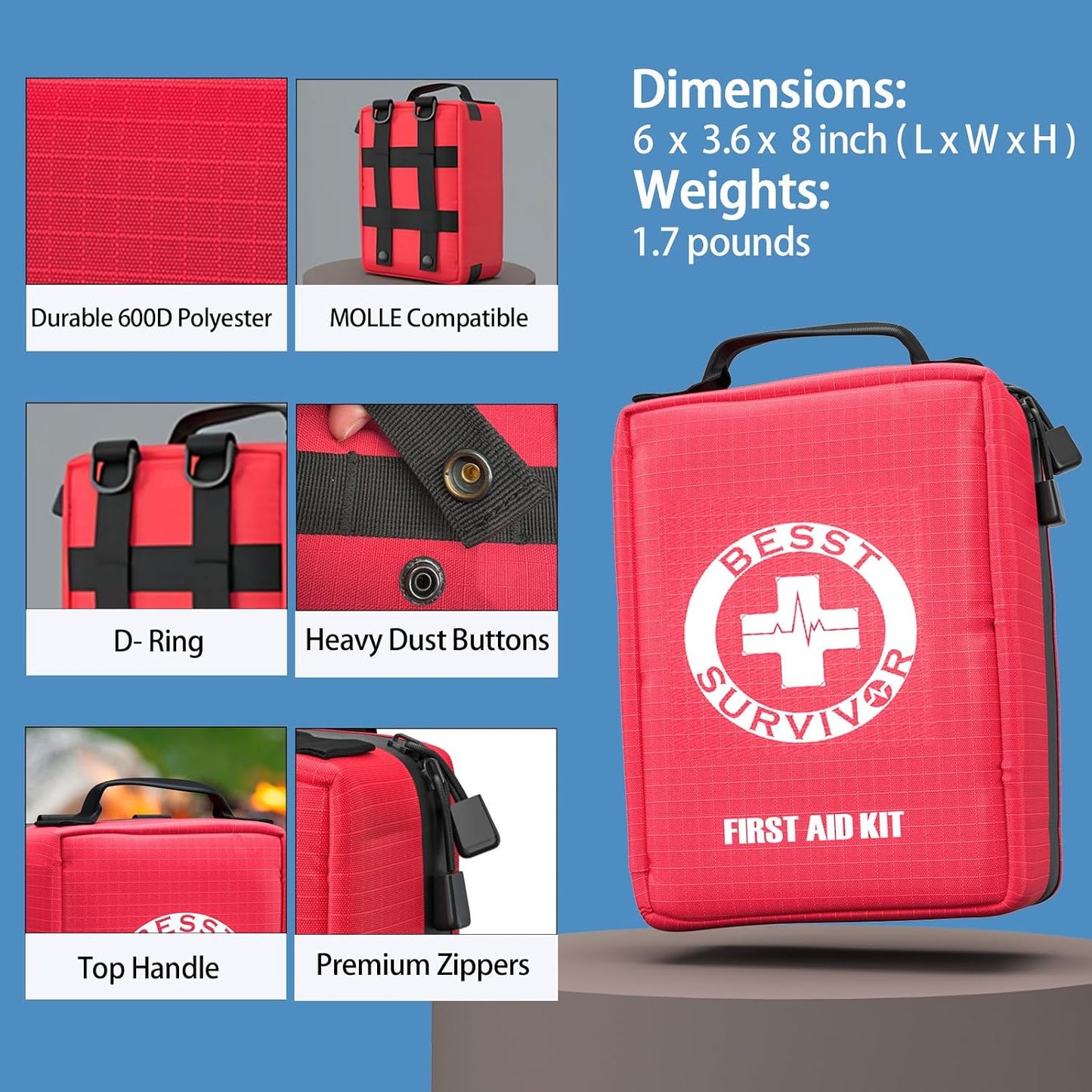 Besst Survivor Premium First Aid Kit - Waterproof Molle Medical Bag with Color-Coded Compartments, with Israeli Bandage, Rescue Blanket & CPR Mask for Home, Car, Hiking, Camping & Outdoor Emergencies