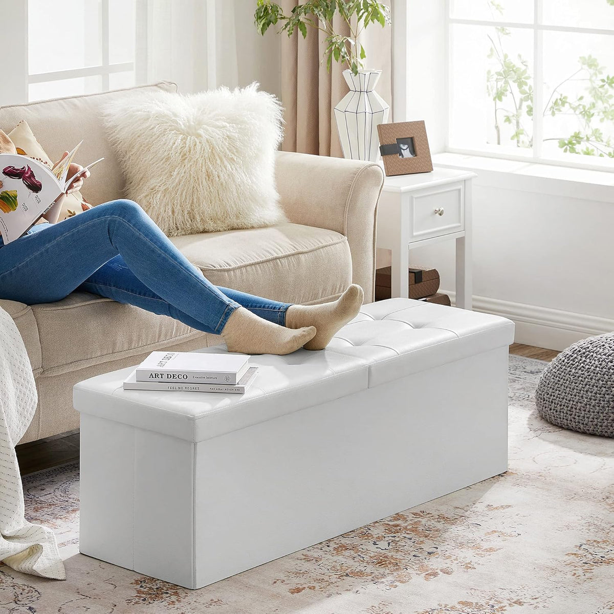 SONGMICS 43.3 Inches Folding Storage Ottoman Bench with Flipping Lid