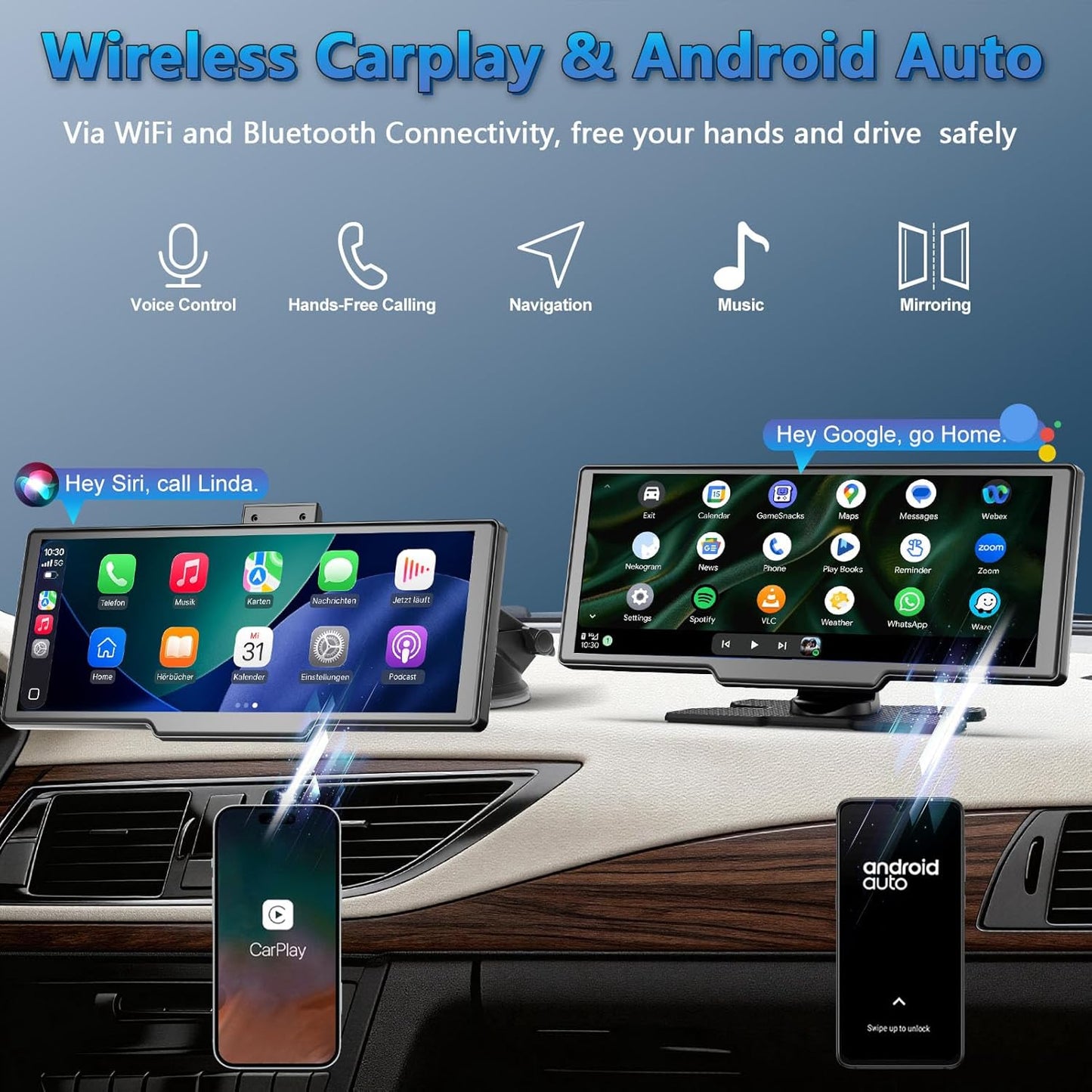 Portable Wireless Carplay Screen with Dashcam - Lehwey 10.26 Inch Car Play Tablet with 4K Front Dash Cam & 1080P Rearview Backup Camera, Bluetooth 5.0, FM, Voice Assistant, with 64GB TF Card