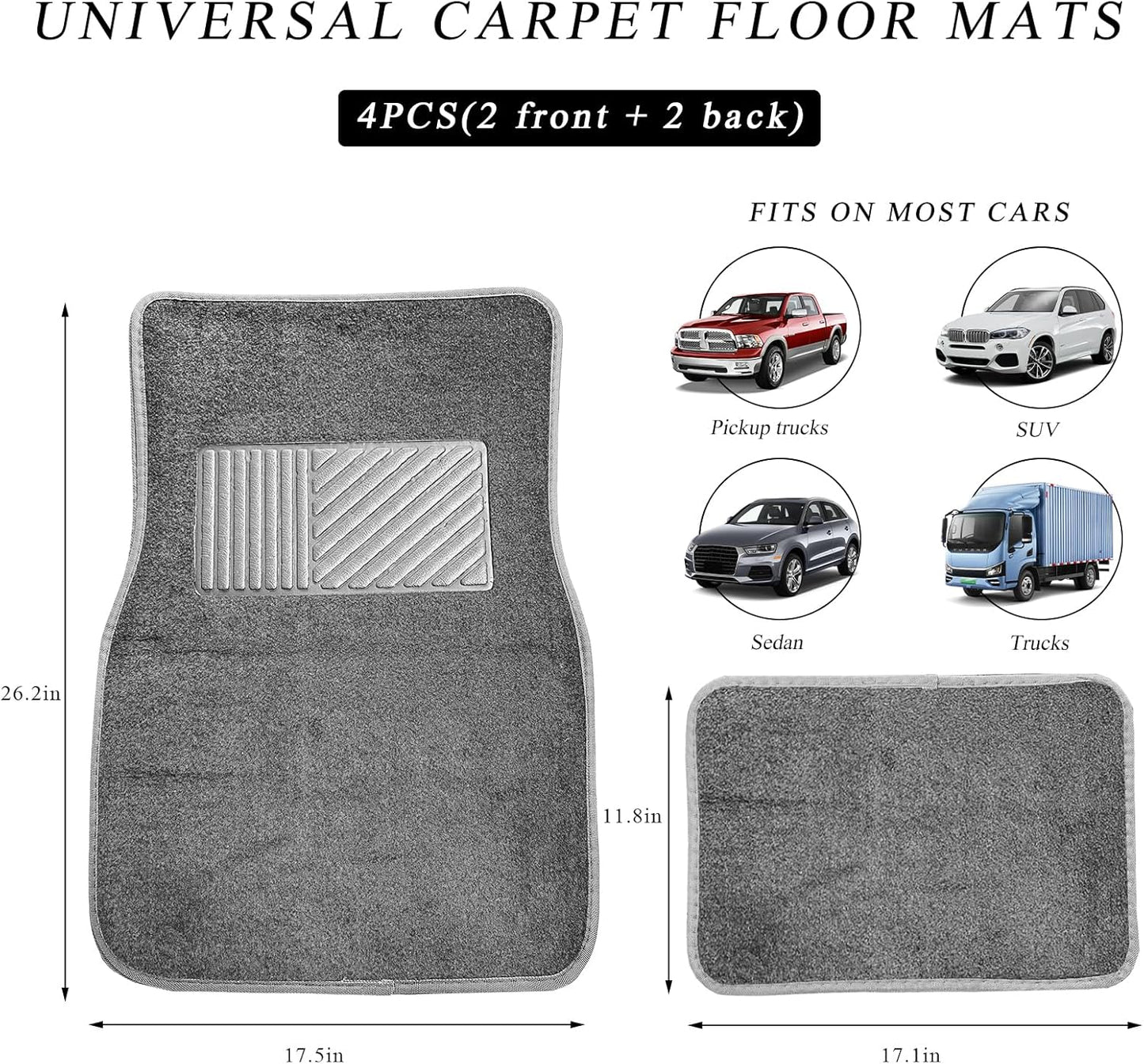 4PCS Car Floor Mats, Anti-Slip Waterproof Car Carpets with Safety Heel Pad, Heavy Duty Floor Mat for All Weather Protection, Universal Trim to Fit for Sedans Trucks SUVs (Gray)