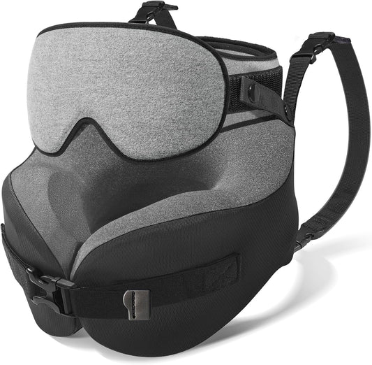 YFONG Travel Pillow for Long Flight Airplane, Head Strap Combo with 3D Contoured Sleep Eye Mask, Neck Pillow for Travel Essential, 360° Support Memory Foam Headrest, Prevent Bobbing, Drawstrap - Grey