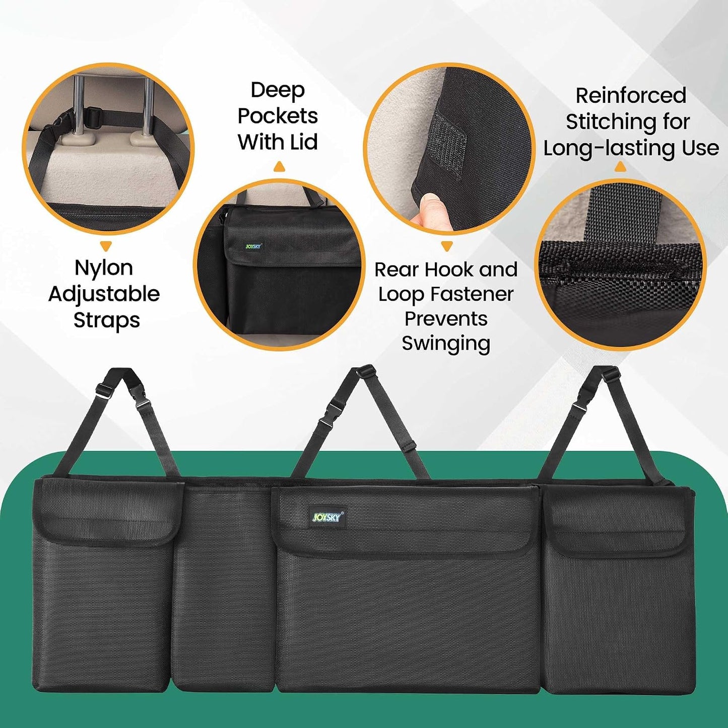 JOYSKY Trunk Hanging Organizer, Backseat Trunk Organizer for SUV, Truck, MPV, Large Capacity Vehicle Storage Bag with Upgraded High-Density Fabric, Space Saving Car Accessories Interior