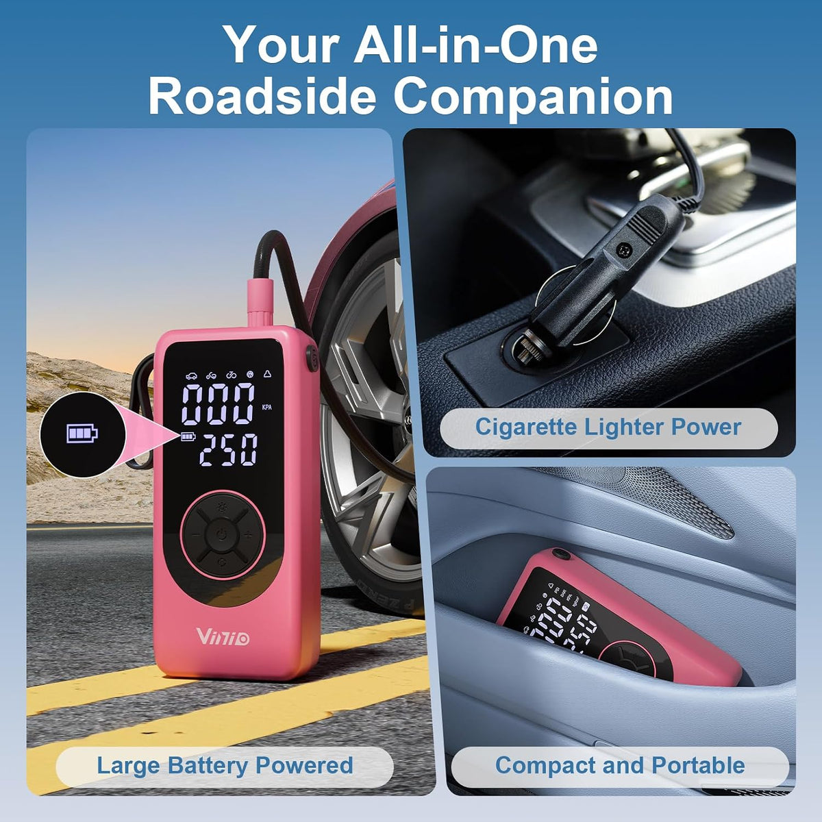 Vinid Tire Inflator Portable Air Compressor, 6000mAh Battery with Cigarette Lighter Adapter, 90W Fast Inflation, 6 Modes, Digital Display, Storage Bag & Handle, for Car Tires, Bike, Motorcycle, Ball
