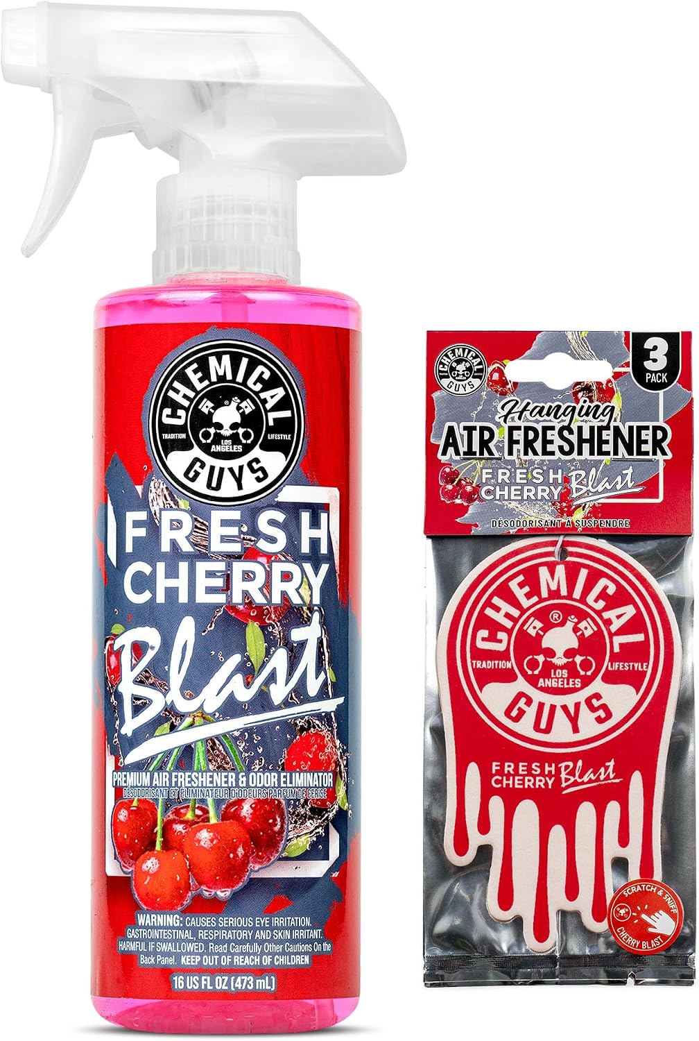 Chemical Guys New Car Scent Air Freshener and Odor Eliminator, 16 fl oz with 3 Pack of Hanging Air Fresheners (Great for Cars, Trucks, SUVs, RVs, Home, Office, Dorm Room & More) - HOL459