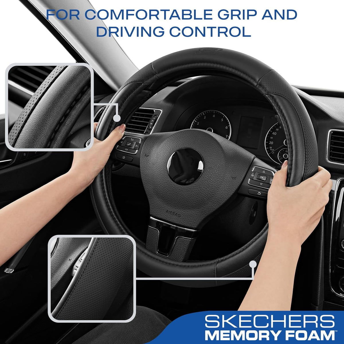 Skechers Steering Wheel Cover Memory Foam,Luxury Leather Steering Wheel Covers,Universal Anti-Slip Fit 14" 1/2-15" Car Wheel Cover for Stylish Car Decor Gifts Fit Suvs,Vans,Sedans,Car,Trucks,Black