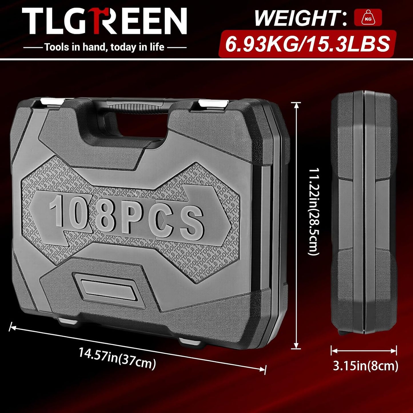 TLGREEN 108 Pcs Mechanic Socket Tool Kit,CR-V Steel Metric And 1/4" & 1/2" Ratchet set,Universal Joint,Extension Bars,Adapter,Quick Release Ratchet Wrench,Tool Box Set for Car Garage Dorm