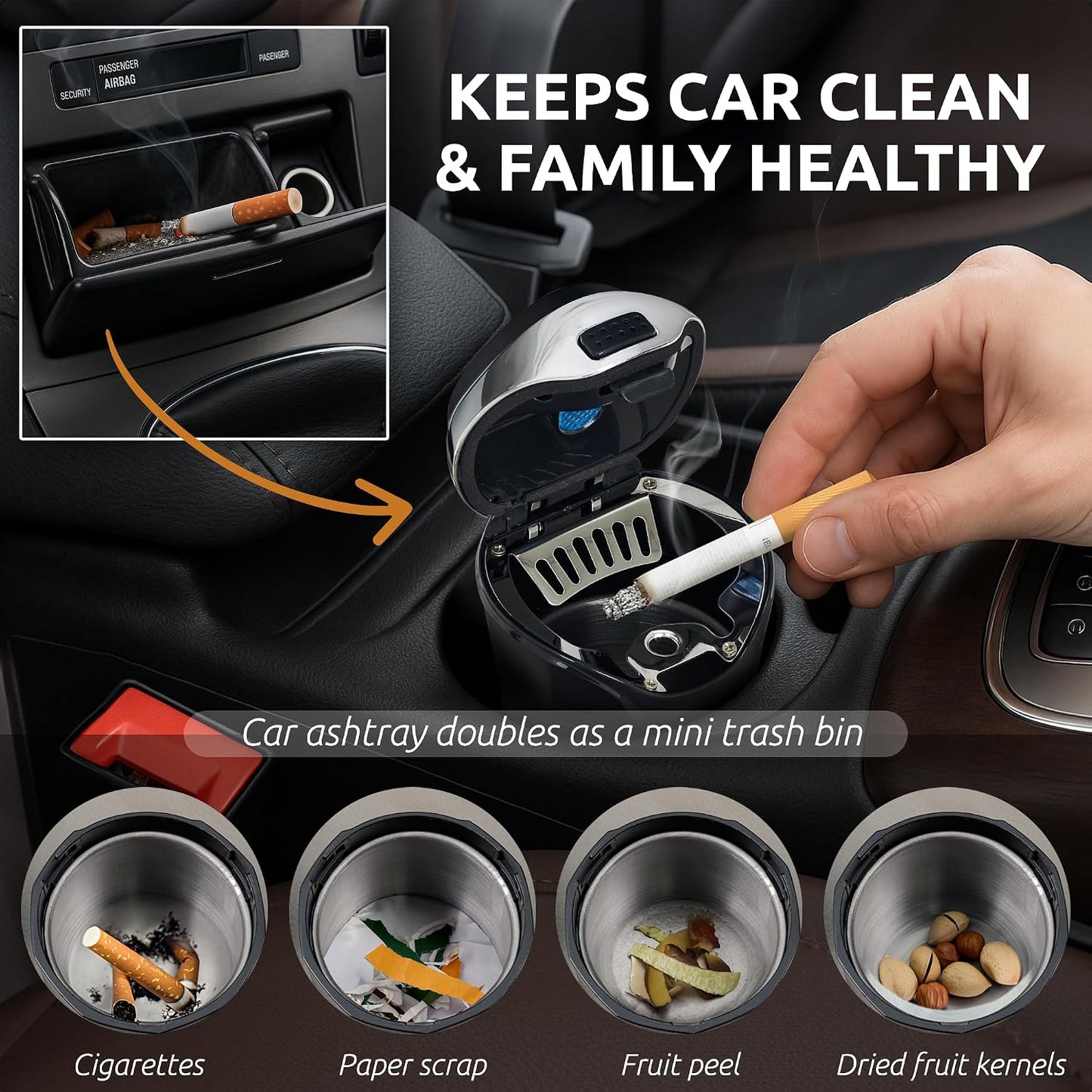 TAKAVU Car Ashtray, Detachable Stainless Lid, Blue LED & Lighter (Silver) | Easy Clean-Up Detachable Ashtray, Fits Most Vehicle Cup Holders, Removable Lighter & Illuminated Lid