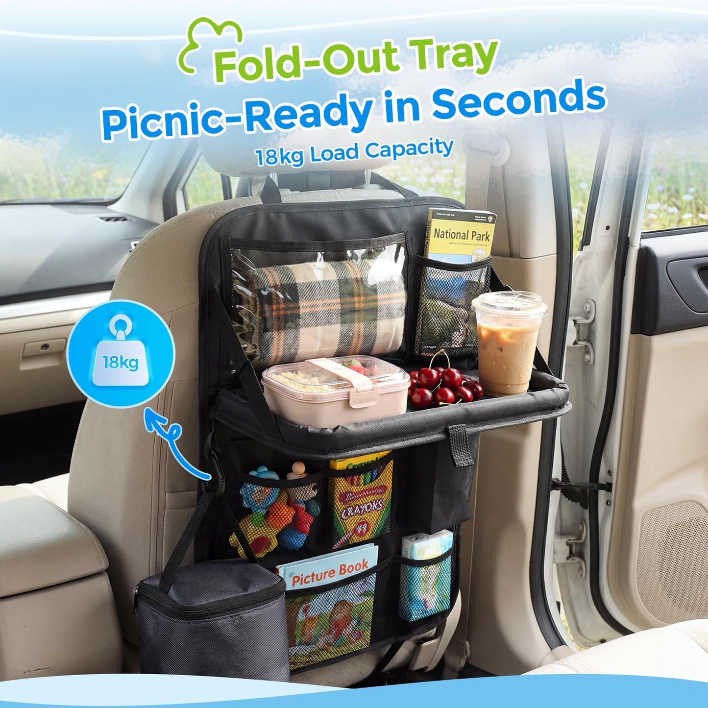 Tsumbay Backseat Car Organizer with Foldable Tray, 9 Pockets, Kick Mat Seat Protector, 18KG Capacity, Waterproof Oxford Fabric for Kids, Family Travel - for Car, SUV, Van (Oxford-2Pck)