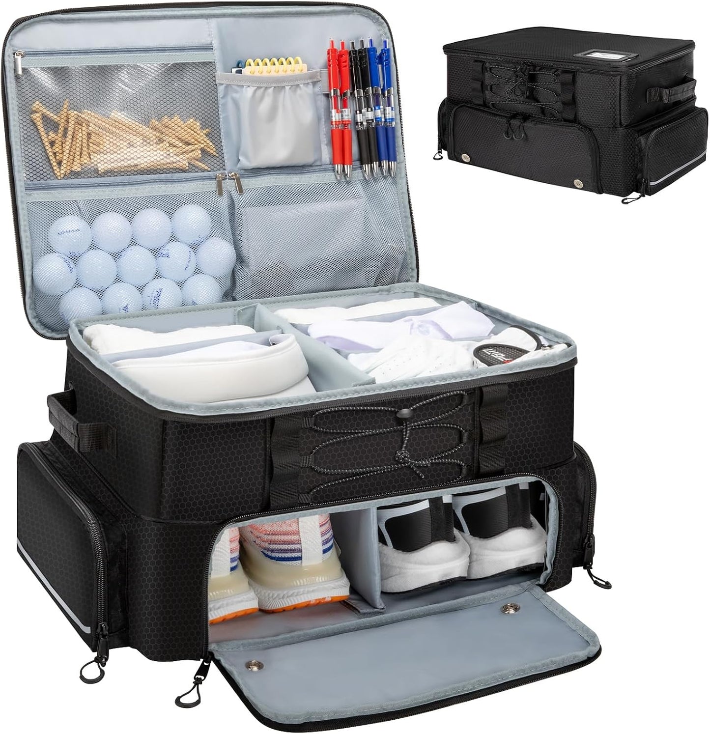 Golf Trunk Organizer, 2 Layer Car Golf Locker with Separate Ventilated Compartment for 2 Shoes, Golf Storage Bag for Golfs Balls, Tees, Glove, Accessories