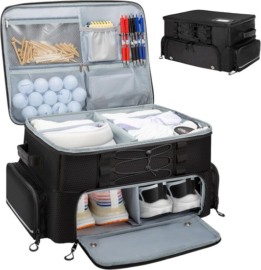 Golf Trunk Organizer, 2 Layer Car Golf Locker with Separate Ventilated Compartment for 2 Shoes, Golf Storage Bag for Golfs Balls, Tees, Glove, Accessories
