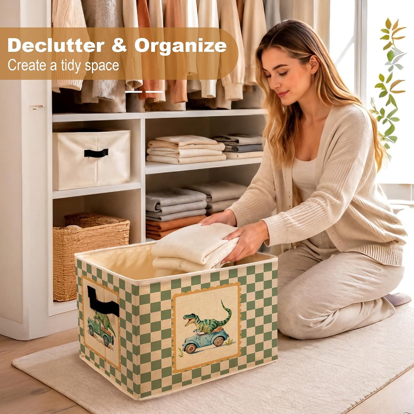 Green Checkered Dinosaur Truck Storage Bins Box, Funny Cute Dino Car Foldable Storage Basket with Handles for Playroom Bedroom Bathroom Home Toys Clothes Books Organizer
