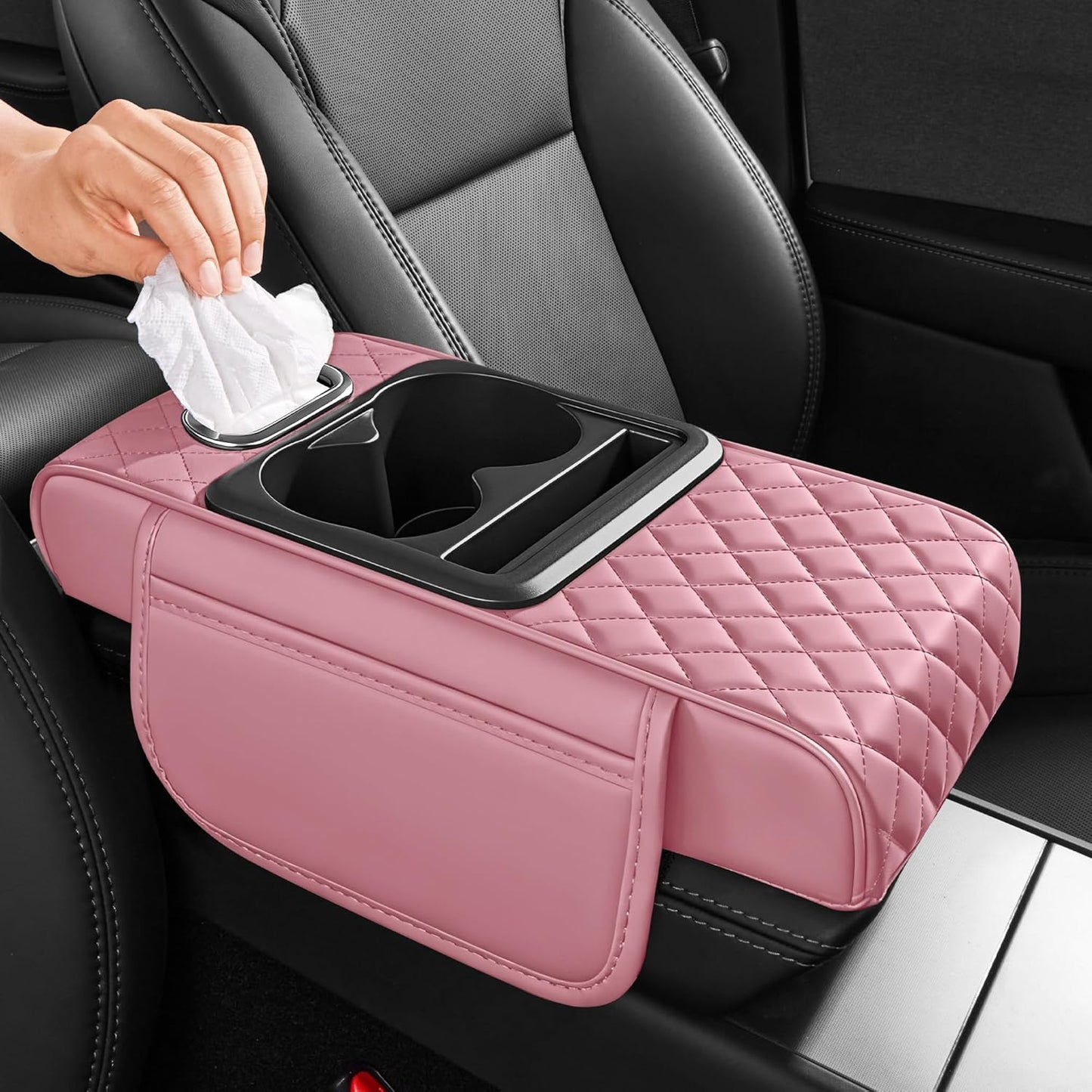 5 in 1 Nappa Leather Console Armrest Cover, Pink | Built-in cup holder, tissue slot, phone holder & 2 storage pockets, practical car accessories fit SUV sedan truck