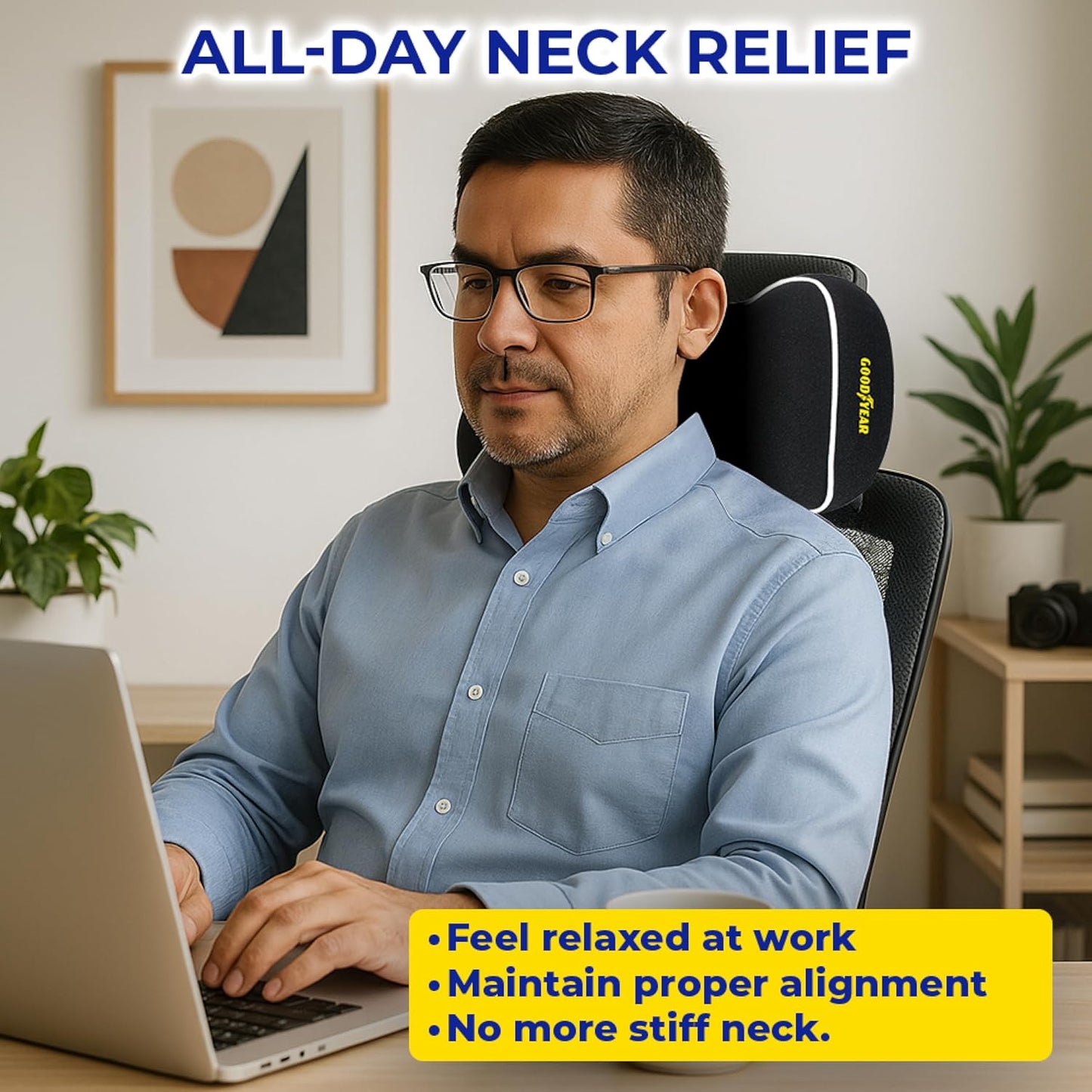 Goodyear Car Neck Pillow, Soft Memory Foam Headrest Pillow for Driving, Ergonomic Car Seat Headrest Cushion with Adjustable Strap, Breathable & Removable Cover, Neck Pain Relief, Black