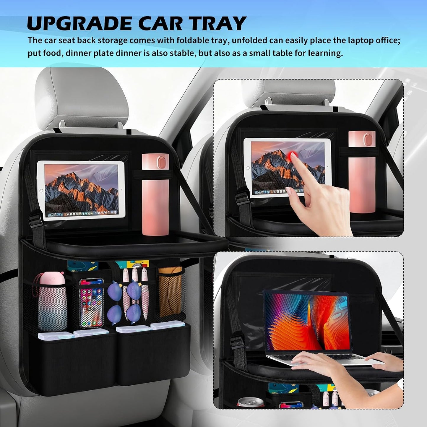 2026 Upgraded Backseat Car Organizer,Multifunctional Back Seat Car Organizer with Cars Tray & Cup Holder,Roadtrip Essentials Foldable Back of Seat Cars Organizers for Most Vehicles
