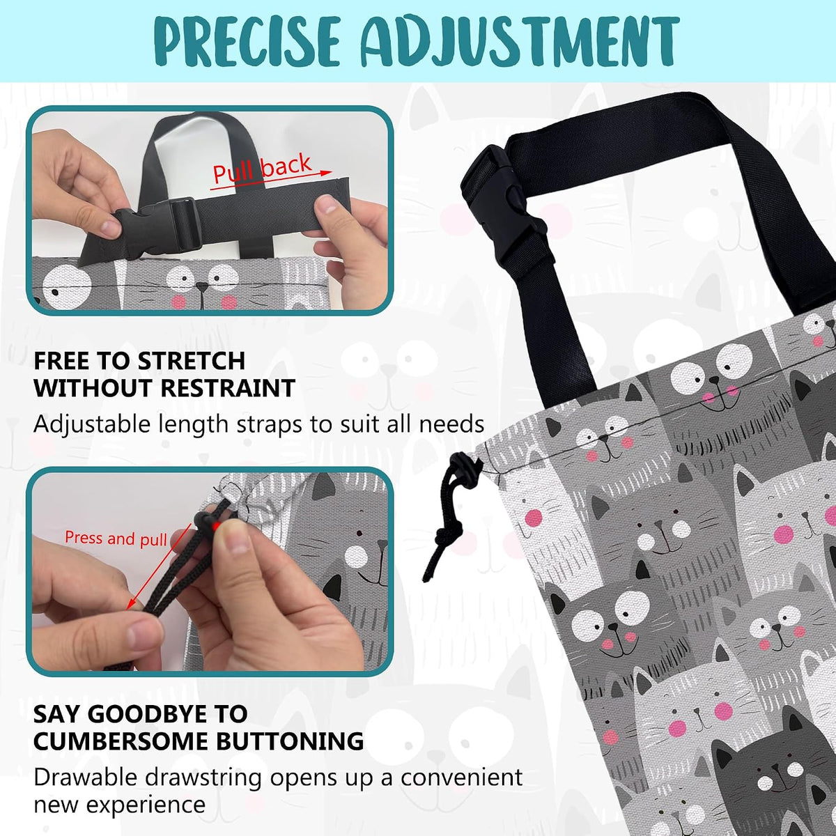 Car Garbage Bag Cute Grey Cats Drawstring Car Trash Bag Hanging for Back Seat with Adjustable Buckle Canvas Vehicle Trash Can Easy-to-Install