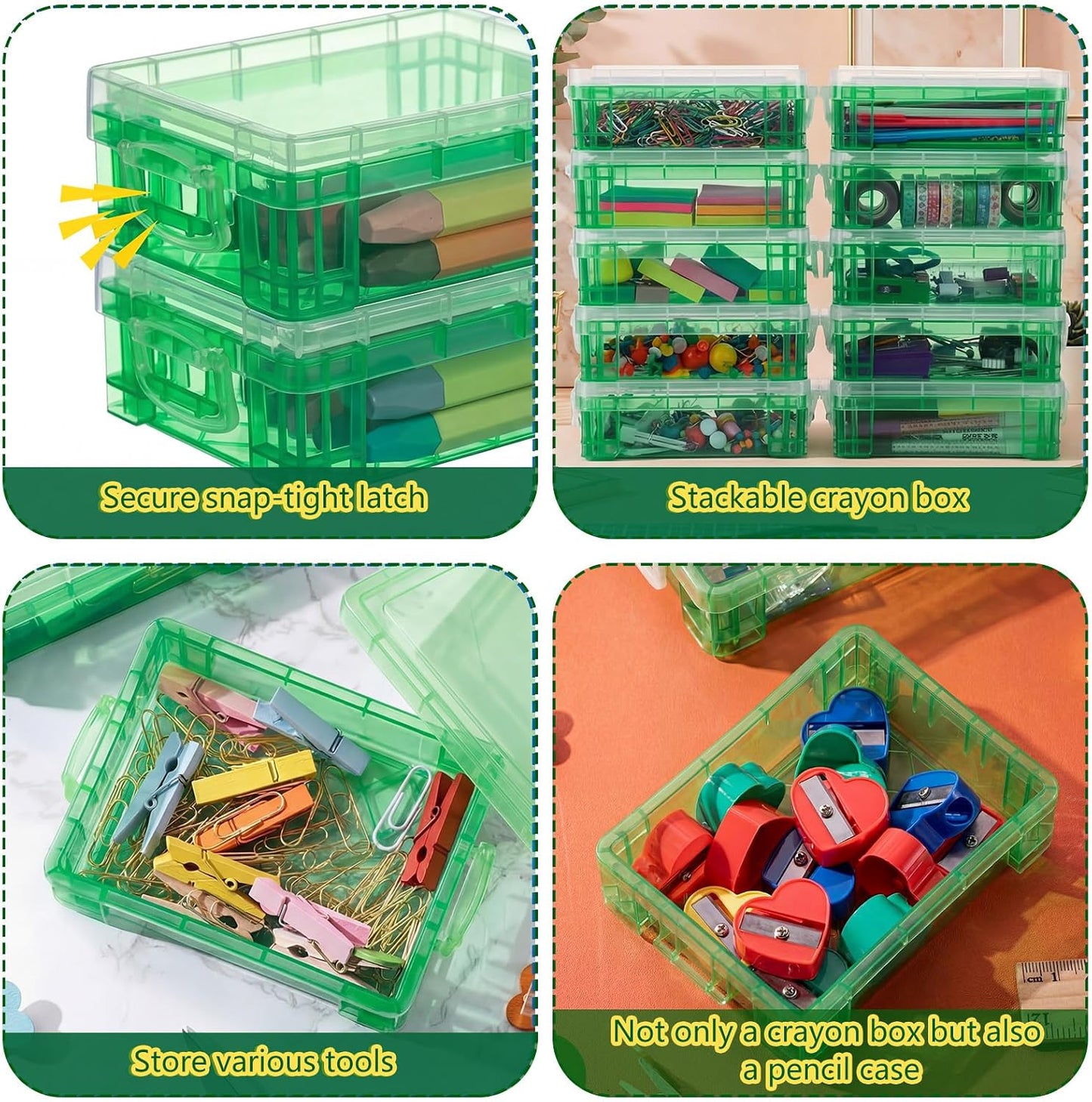 Suzile 50 Pcs Plastic Crayon Box with Lid 4.8 x 3.4 x 1.6 In Crayon Storage Containers Bulk for Office School Classroom Supplies Pen Pencil Art Crafts (Green)