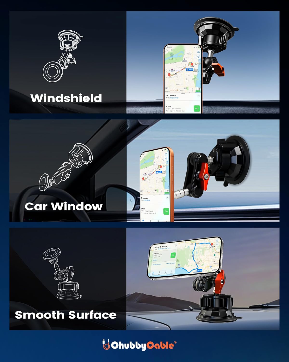 chubbycable ChubbyGrip Magnetic Car Phone Mount with Heavy-Duty Suction Cup