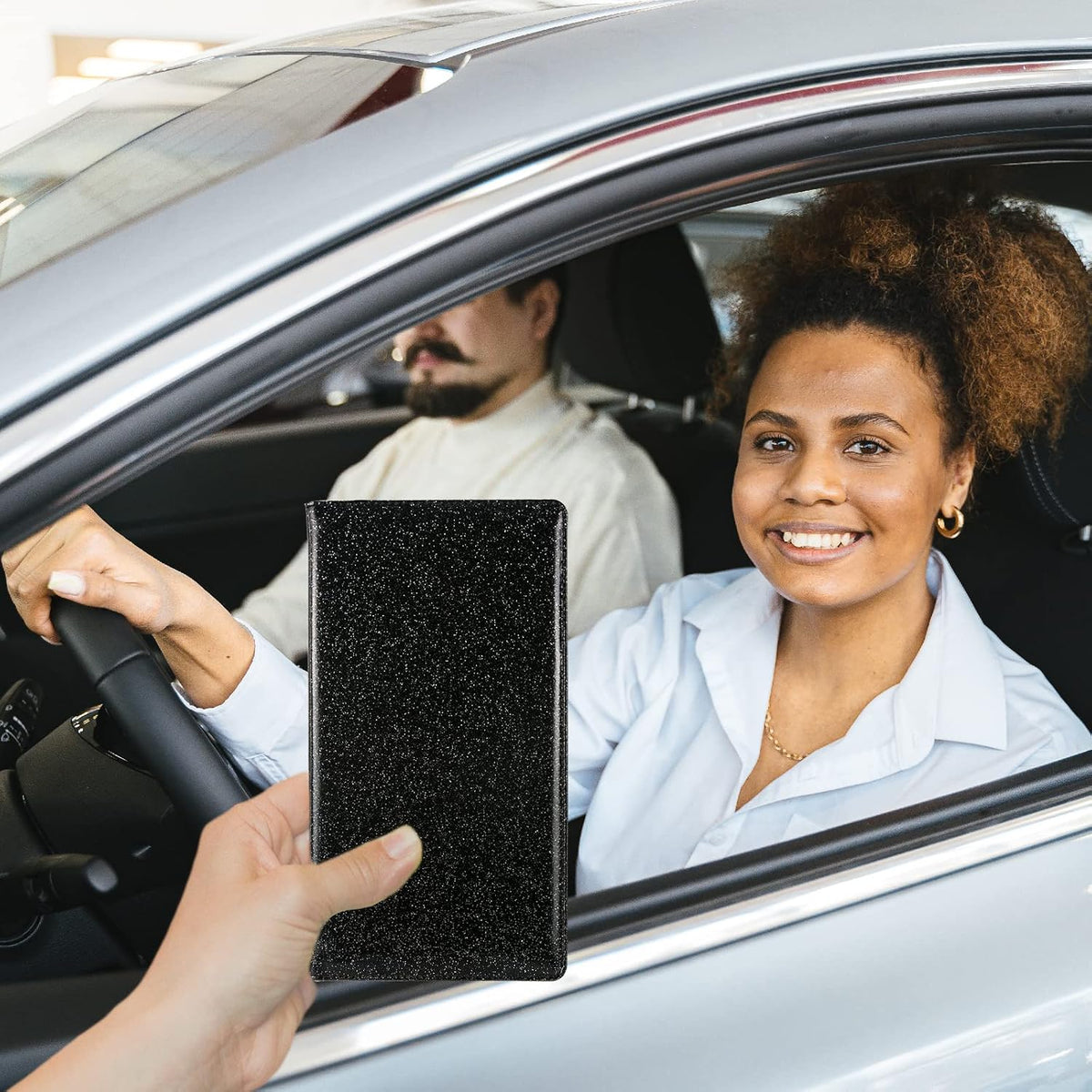Leather Car Registration and Insurance Holder Magnetic Shut, Glitter Black