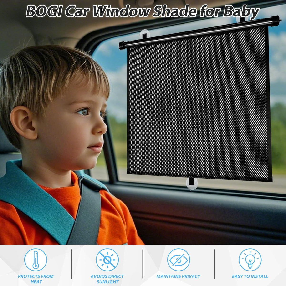 BOGI Car Window Shades for Side Windows, 2 Pack Retractable Sun Shades for Blocks Heat and UV Rays Glare Protection Breathable Roller Car Window Shade for Baby, Kids, Pets, Passengers