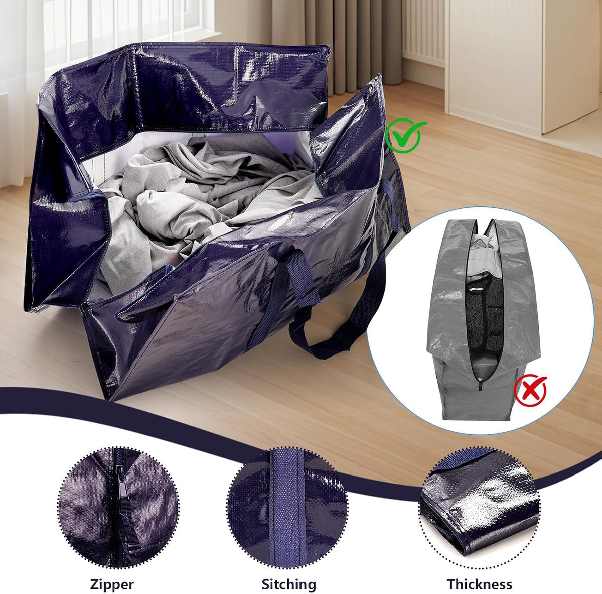 12 Pack Moving Bags with Full-Open Side Zipper, Extra Large 93L Heavy Duty Waterproof Foldable Storage Totes for College Dorm, Moving & Home OrganizationDarkBlue