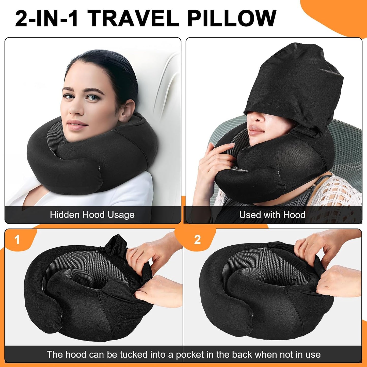 Travel Pillow - Hooded Neck Pillow Airplane Memory Foam Filling for Plane, Office, Cars Sleeping, Road Trip, Long Flights, Airplane Travel Essentials, Includes Eye Mask & Earplugs (Black)