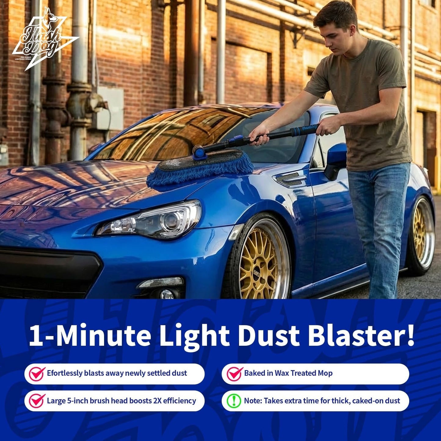 Flash Dog Car Duster Exterior with Car Duster Interior | Wax Cotton Hair Scratch Free Cleaning for Cars, SUVs, Trucks | Waterless Dust Remover &amp; Detailing Brushes Set with Storage