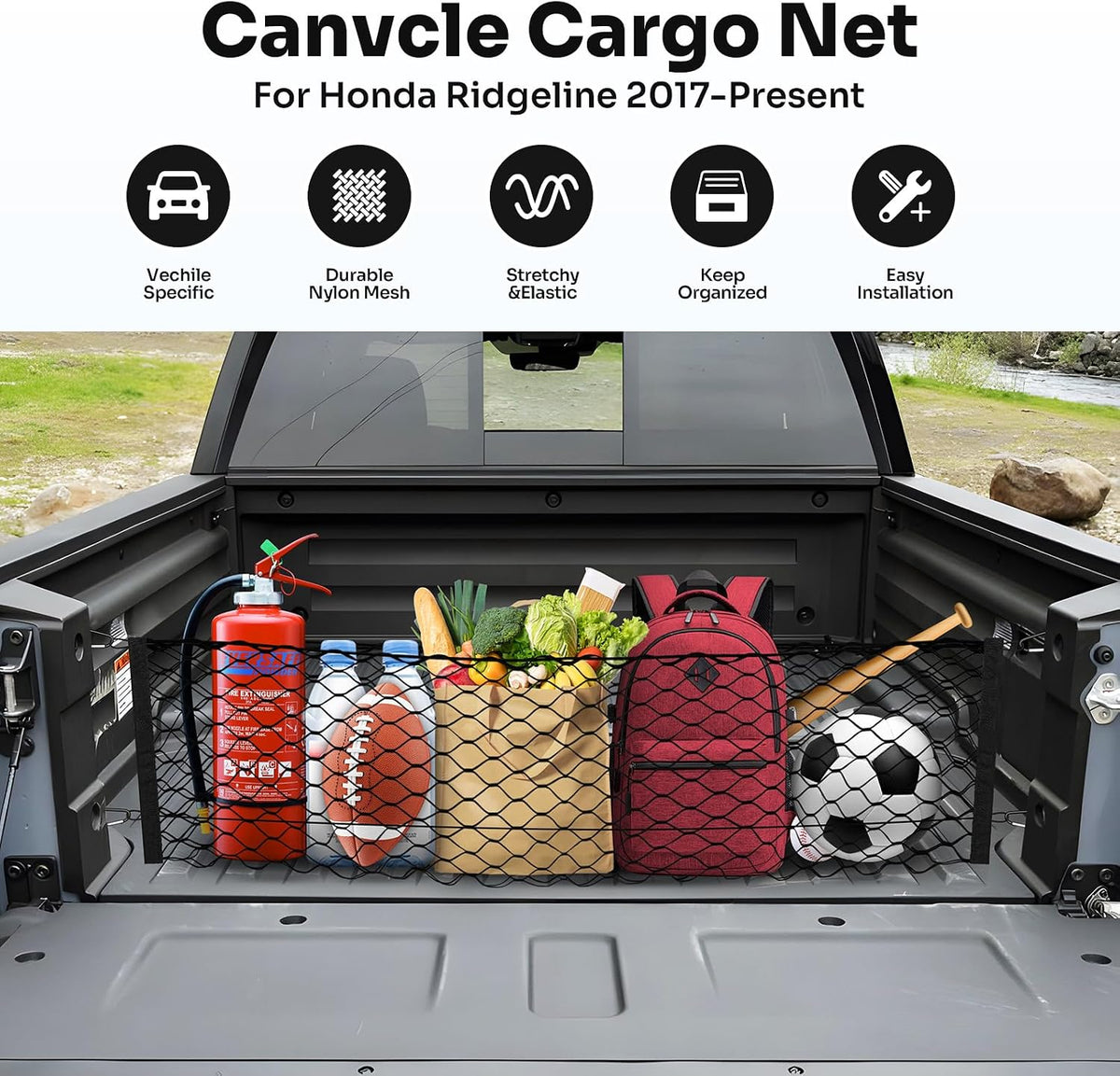 Canvcle Trunk Cargo Net for 2017-2026 Honda Ridgeline Accessories Envelope Style Mesh Trunk Net Organizer and Storage Stretchable Adjustable Elastic Nylon Rear Cargo Netting with Hooks