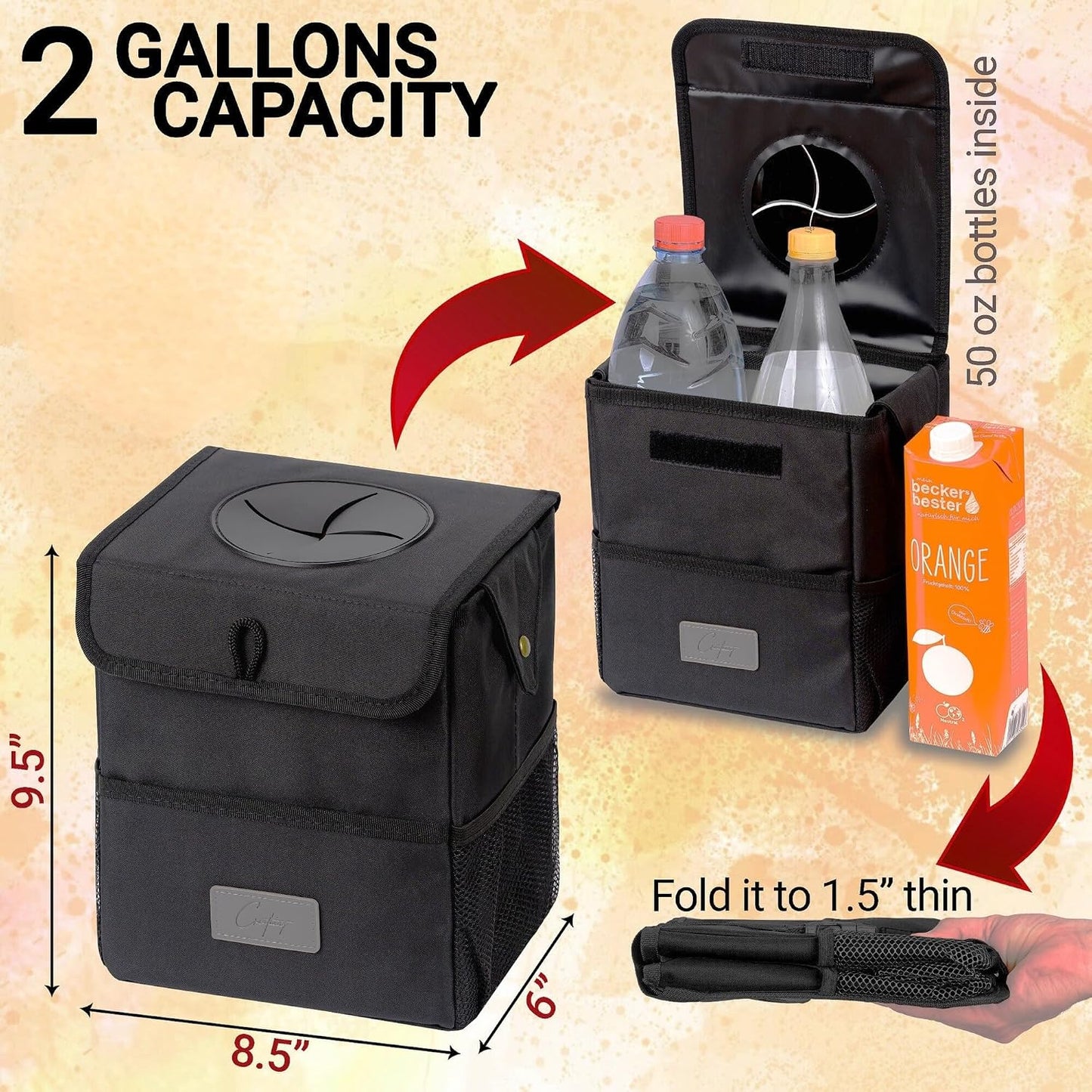 Creathing Car Trash Can [Touring Edition] - Removable Liner - 100% Leakproof, Odor Control Lid, Hanging Garbage Bin for SUV, Truck, Car (2 Gal, Black)