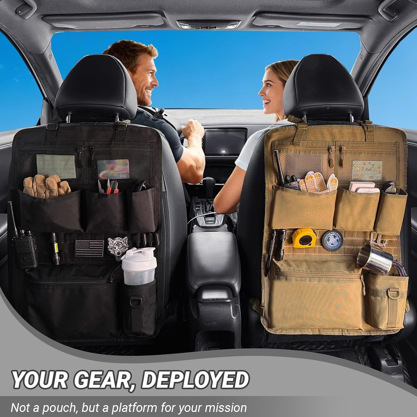 Tactical Car Seat Organizer with Multiple Pockets, MOLLE Panel System & Mesh Compartments, Durable Nylon Universal Vehicle Seat Back Storage with Cup Holder, Water-Resistant (Mud)
