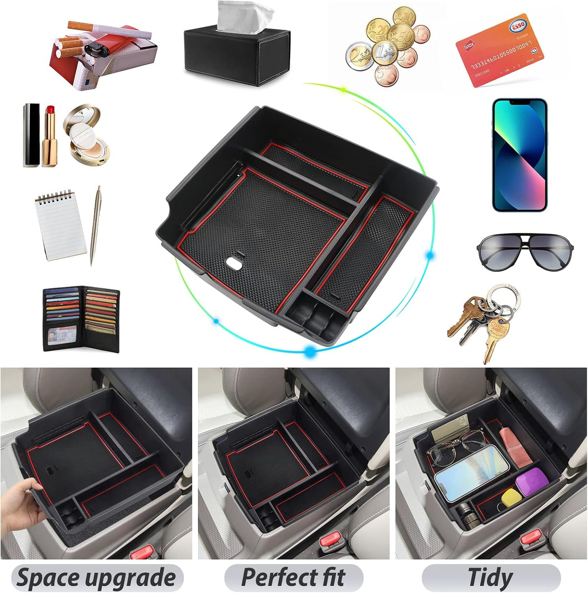 SKTU Compatible with 2022-2026 2027 Kia Carnival Center Console Organizer 2024 2025 2026 2027 Carnival Accessories Insert ABS Tray 2022-2027 Carnival Console Tray with Coin and USB Hole (Red)