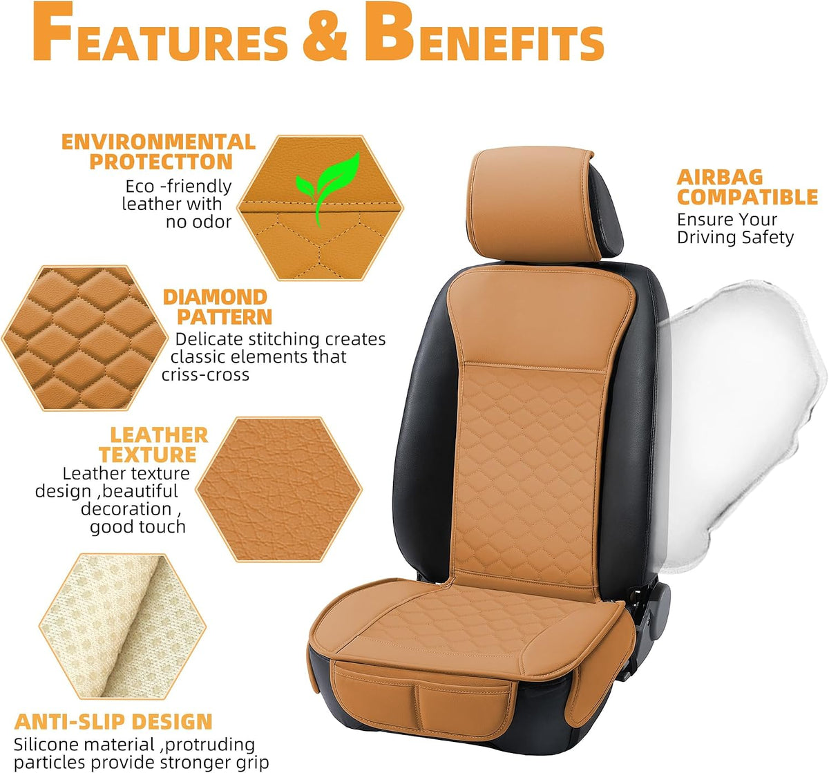 Elantrip Car Seat Cover Full Set Leather Waterproof Front Rear Cognac