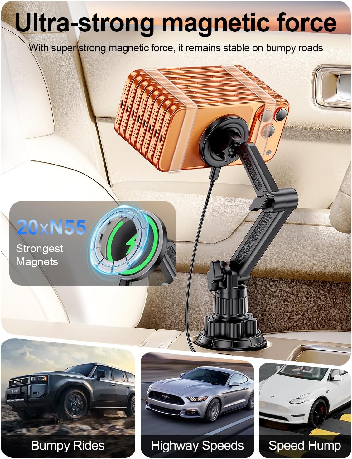 Magsafe Car Mount Charger, Stable Cup Holder Phone Holder Wireless Charger
