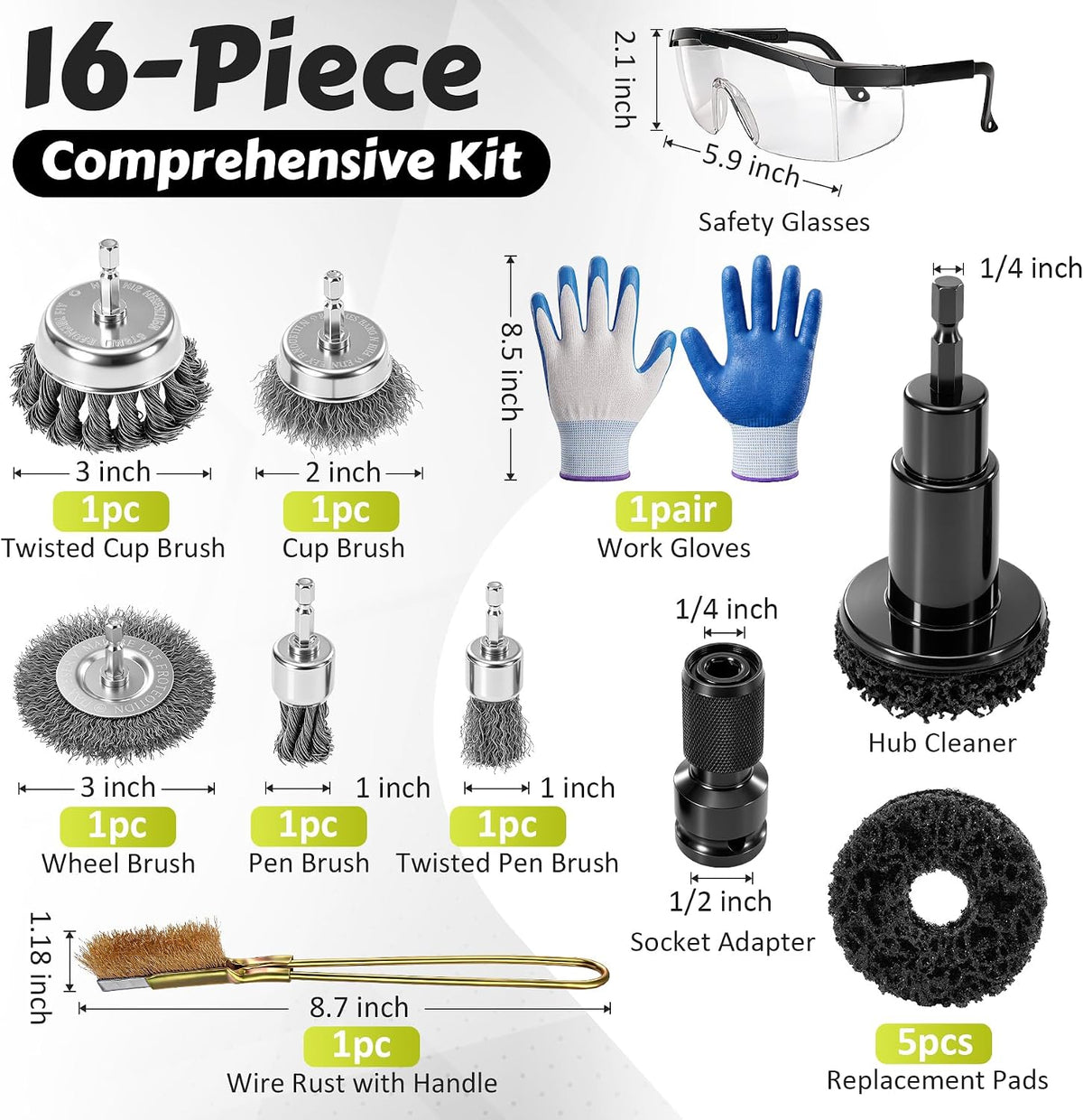 ACOCO 1/4" Hex Shank Wheel Hub Cleaning Tool and Wire Brush Set, 16pcs