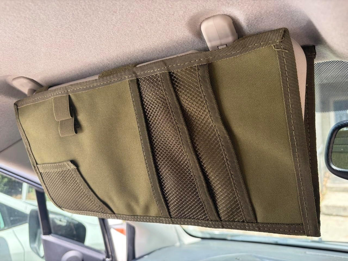 Car Sun Visor Organizer, Tactical MOLLE Visor Panel for SUV, Pickup Truck, Jeep & Car – Double-Sided EDC Storage Panel for Sunglasses, Documents, Flashlight, Pens & Tools